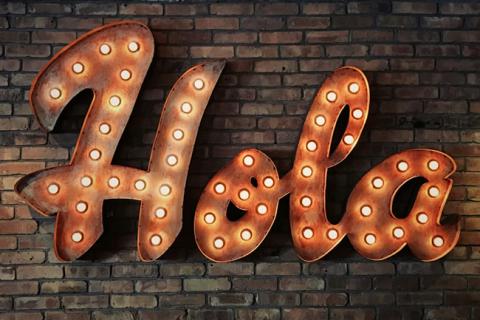 The word Hola in lights against a brown brick wall.