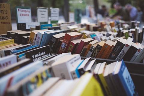 Rows of used books on table.