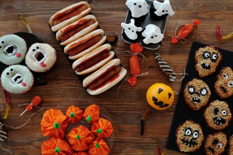 Halloween treats laid on a table.