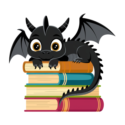 dragon laying on a stack of books