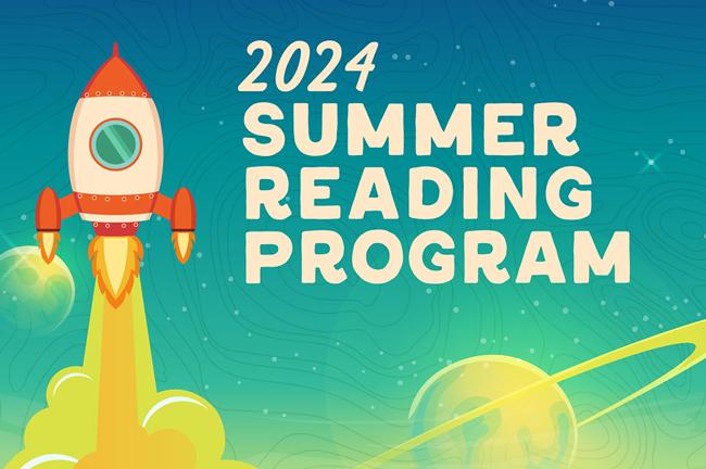 Text 2024 Summer Reading Program on teal background with rocket ship and planet.