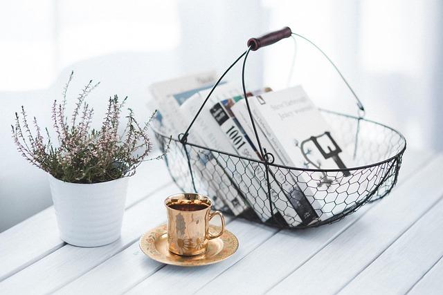 Basket of books with plant and mug